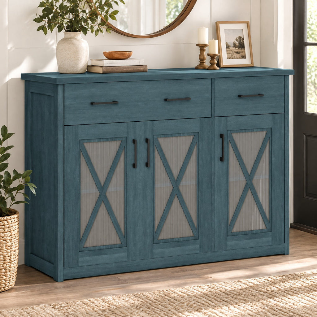 Airfind Farmhouse Buffet Sideboard 3-Door Kitchen Storage Cabinet featuring 2 Drawers, Top 132 lbs Total Capacity, Engineered Wood PC Frame, Turquoise