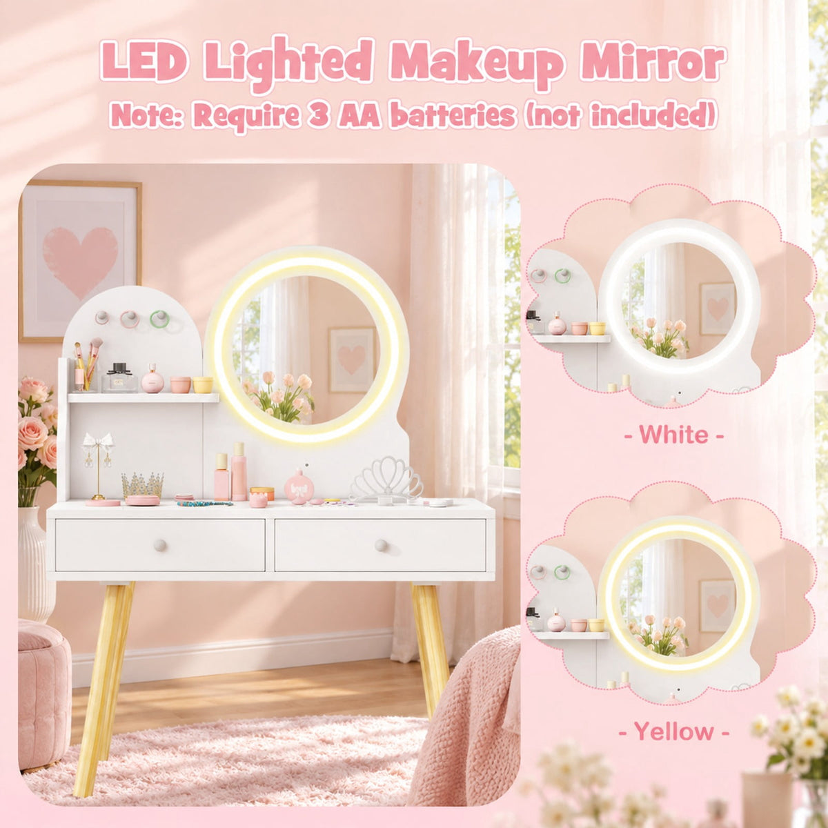 Airfind Kids Princess Makeup Dressing Desk and Chair Set with Mirror and Lights, 110 lbs Capacity, MDF Frame, for 3+ years old, White