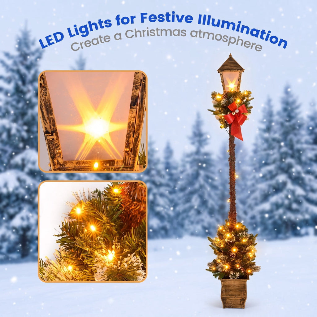 Airfind 6.1 Feet Christmas Pre-lit Street Lamp with Artificial Greenery and Snow-flocked Branch Tips, Metal Plastic Frame, 9in x 9in x 6.1ft Footprint