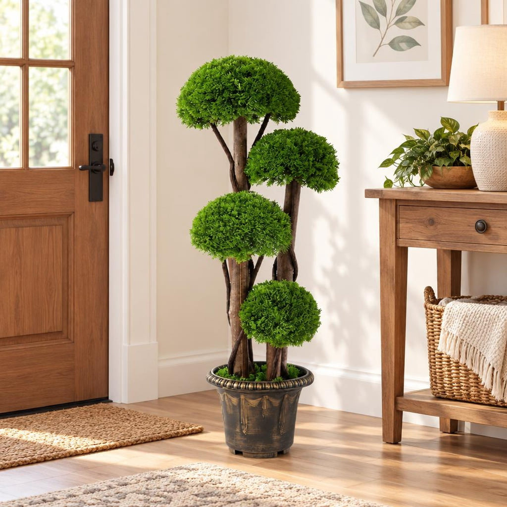 Airfind 3 FT Artificial Cypress Topiary Tree Realistic Greenery Plant with Spiral Vines and Real Wood Trunks, Wood