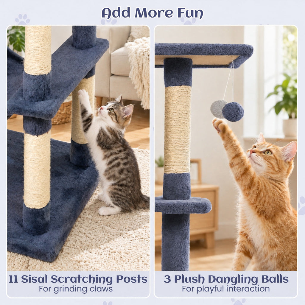 Airfind 80 Inches Tall Cat Tree with 2 Large Condos and Dangling Toys, 33 lbs Capacity, Engineered Board Sisal Plush Fabric Sponge Frame, Dark Gray