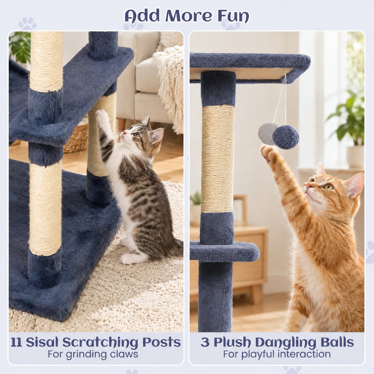 Airfind 80 Inches Tall Cat Tree with 2 Large Condos and Dangling Toys, 33 lbs Capacity, Engineered Board Sisal Plush Fabric Sponge Frame, Dark Gray