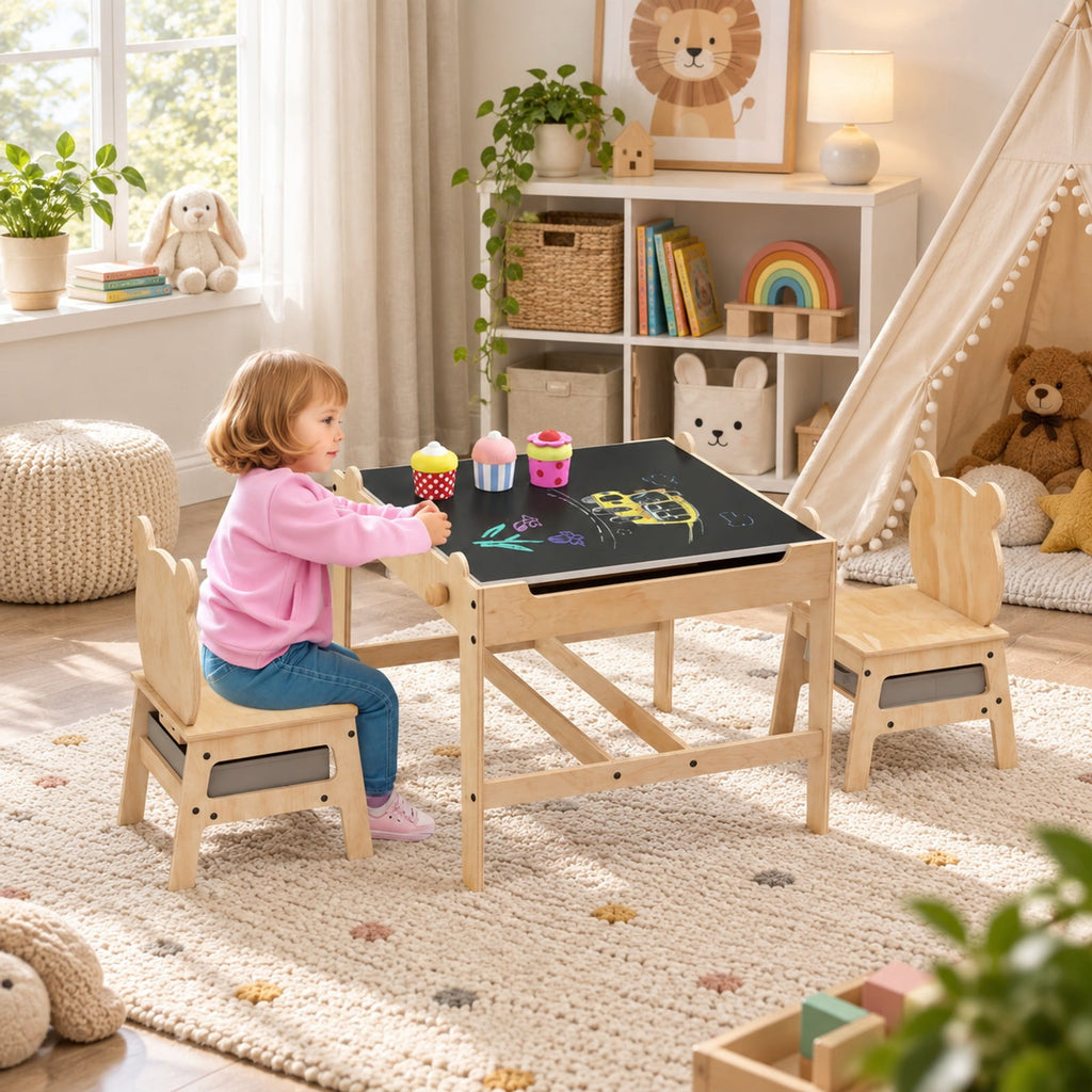 Airfind Kids Table and Chairs Set with Reversible Whiteboard-Panda, 165 lbs Capacity, for 3+ Years Old, Natural