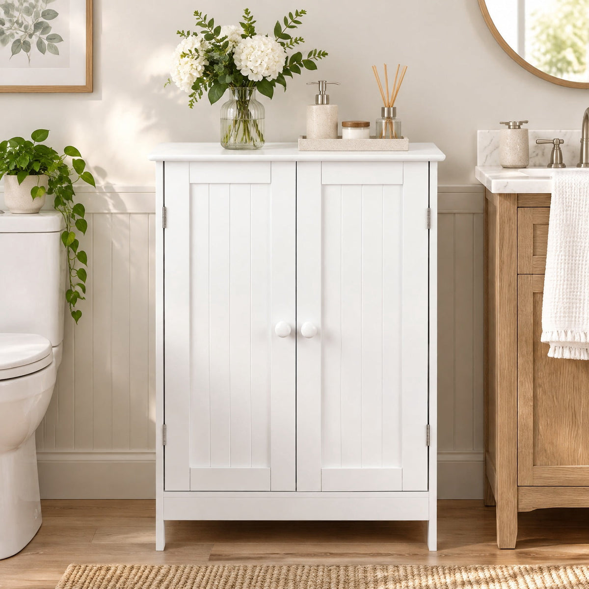 Airfind Bathroom Floor Storage Double Door Cupboard Cabinet, 22 lbs Capacity, MDF Frame, 24in x 14in x 34.5in Footprint, White