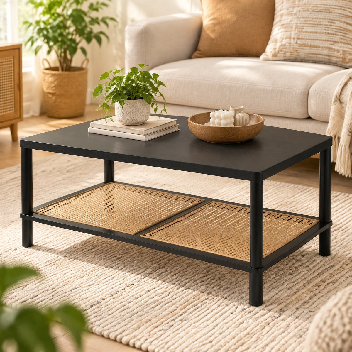 Airfind 2-Tier Boho Coffee Table for Living Room Rectangular Center Table with Rubber Wood Frame and PVC Rattan Storage Shelf, 185 lbs Capacity