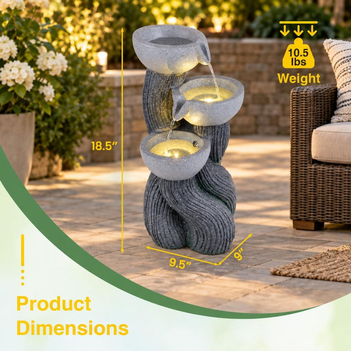 Airfind 3-Tier Outdoor Water Fountain with LED Lights 18.5 Inch H for Patio Deck, Resin Fiberglass Frame, Gray