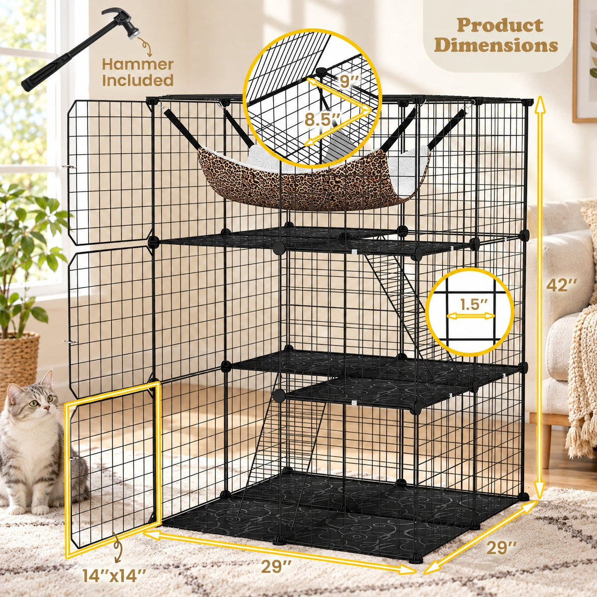 Airfind Indoor Cat Cage 3-Tier Cat Enclosure Detachable Metal Wire Kennel, 5 kg Capacity, PP Frame, 29.1 Inch x 29.1 Inch x 42.1 Inch Footprint, Black