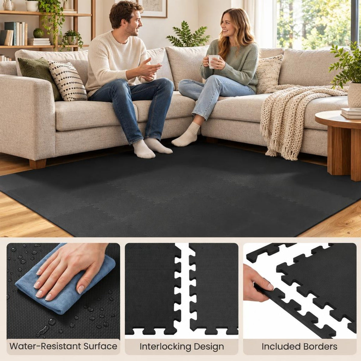 Airfind 18 Pack Interlocking EVA Foam Floor Tiles with Boarders, EVA Foam Frame, 72 Inch x 37 Inch x 0.4 Inch Footprint, Black