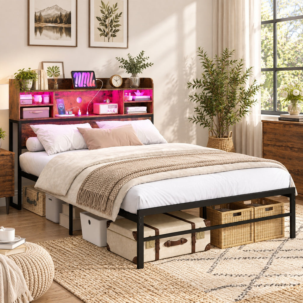 Airfind Full Size Bed Frame with Headboard LED Lights and Charging Station, 660 lbs Capacity, Metal Engineered Wood MDF Frame, Brown