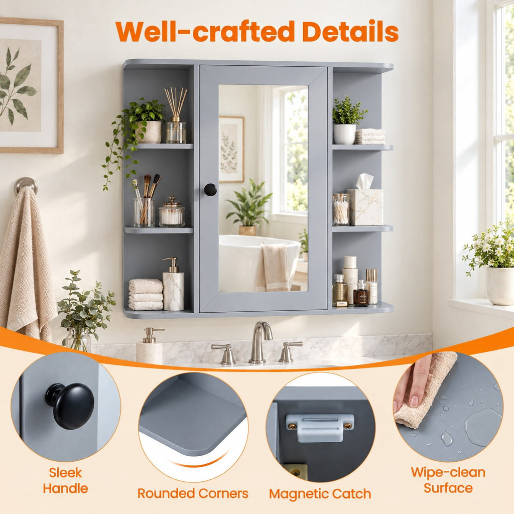 Airfind Wall Mounted Bathroom Medicine Cabinet with Mirror and Shelves, 120 lbs Capacity, MDF Engineered Wood Glass Frame, Gray