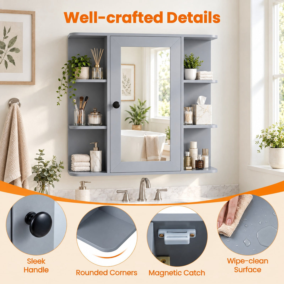Airfind Wall Mounted Bathroom Medicine Cabinet with Mirror and Shelves, 120 lbs Capacity, MDF Engineered Wood Glass Frame, Gray