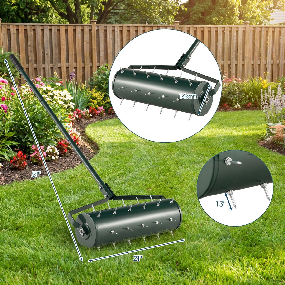 Airfind 18/21 Inch Manual Lawn Aerator with Detachable Handle Filled with Sand or Stone-21 inches, Galvanized Steel Metal PP Frame, Green