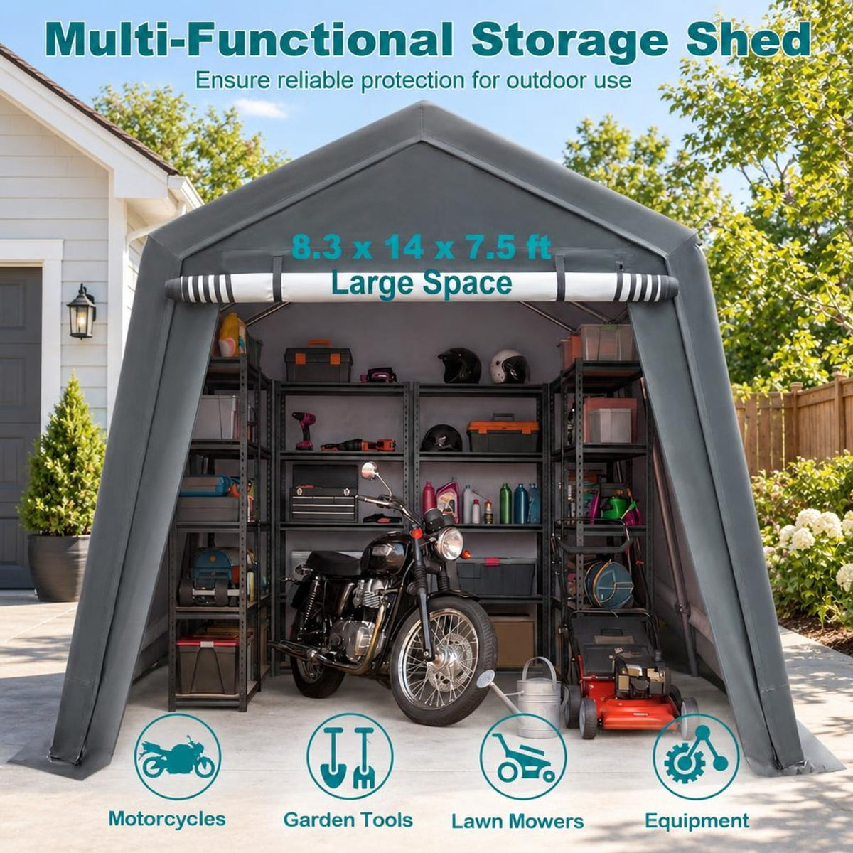 Airfind 8.3 x 14 Feet Outdoor Storage Shed with Roll-Up Zipper Door, Metal Fabric Frame, 8.3 x 14 x 7.5 ft Footprint, Gray