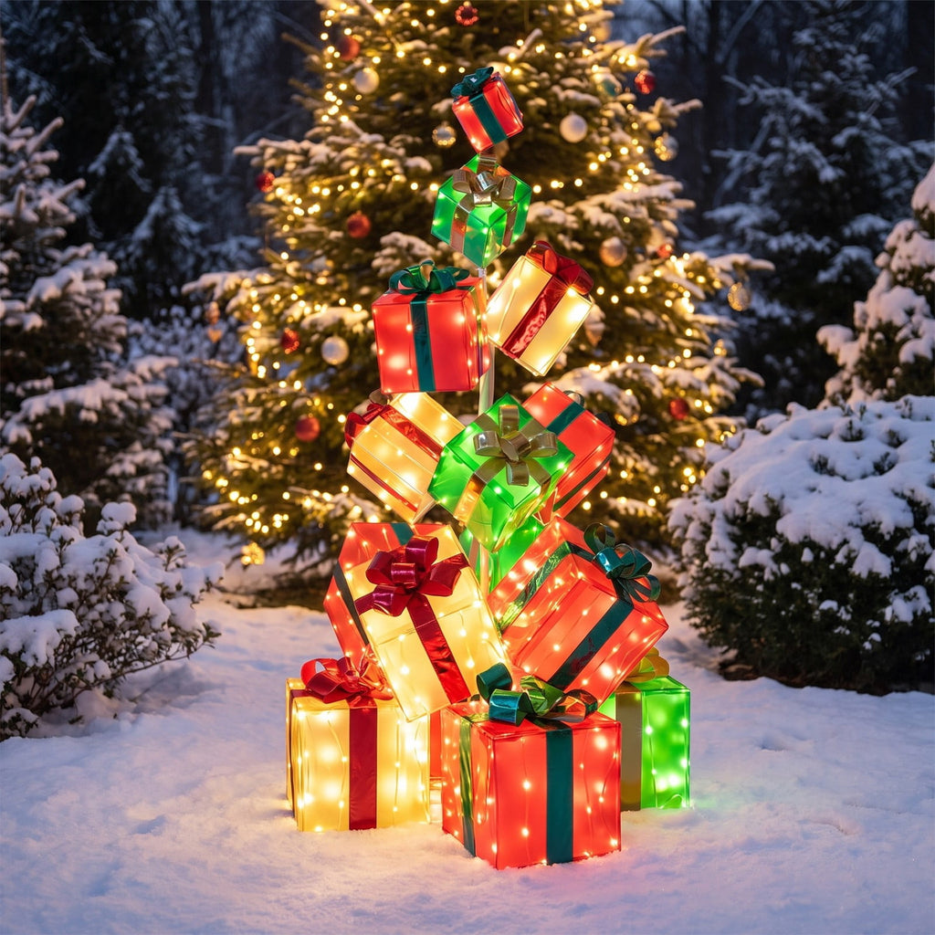 Airfind 15 PCS Lighted Christmas Boxes with Bowknot and 483 LED Light Bulbs for Indoor Outdoor, PVC Fabric Metal Frame, Red + Green + Gold