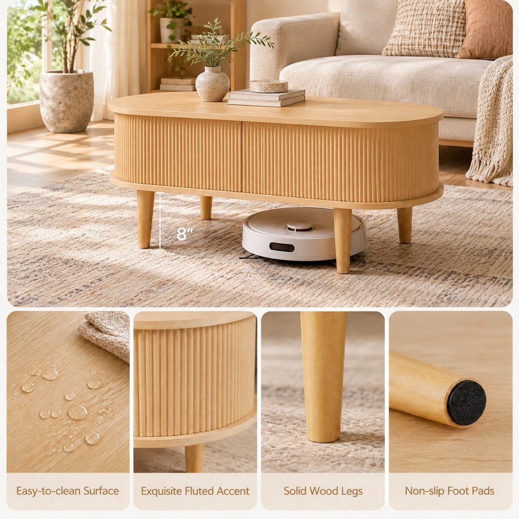 Airfind 43.5 Inch Oval Lift Top Coffee Table with Storage and Fluted Design for Living Room, 200 lbs Capacity, Engineered Wood Solid Wood Frame, Natural