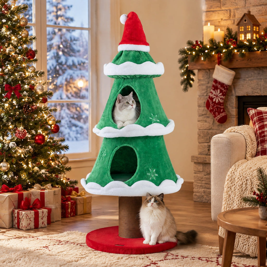 Airfind 51 Christmas Cat Tree with 2 Cozy Condos and Scratching Post for Pets, 19.5 x 19.5 x 51Height of Scratching Post 11Weight Footprint