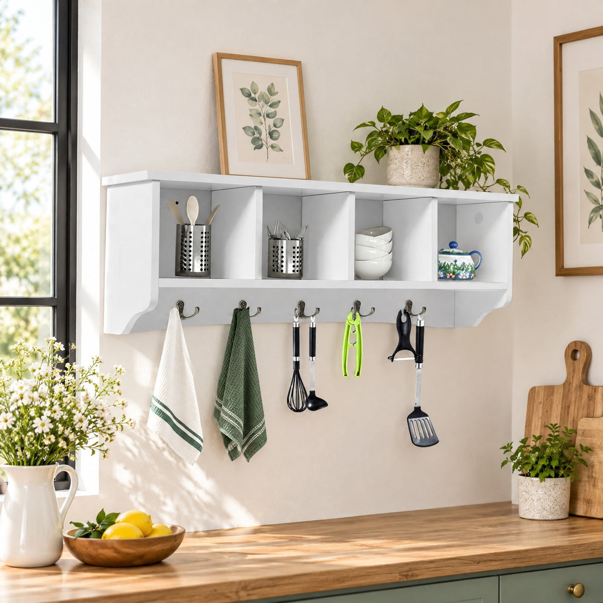 Airfind Wall-Mounted Storage Cabinet Hanging Entryway Shelf Coat Rack, 11 lbs Capacity, P2 MDF Frame, White