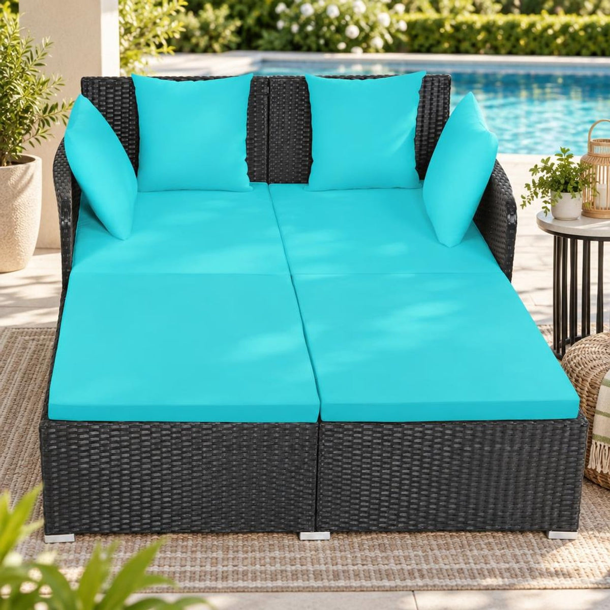Airfind Spacious Outdoor Rattan Daybed with Upholstered Cushions and Pillows, 800 lbs Capacity, Rattan Steel Sponge Frame, Turquoise