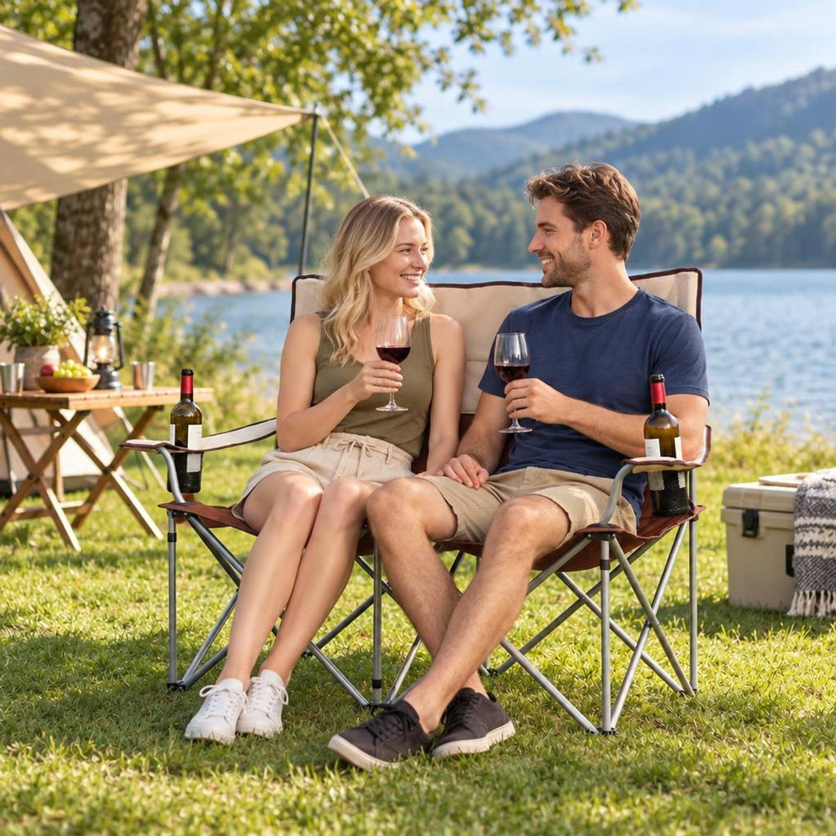Airfind Double Camping Chair with Carry Bag Cup Holders, 660 lbs Capacity, Metal Oxford Fabric Sponge, 40 Inch x 20.5 Inch x 36.5 Inch , Brown