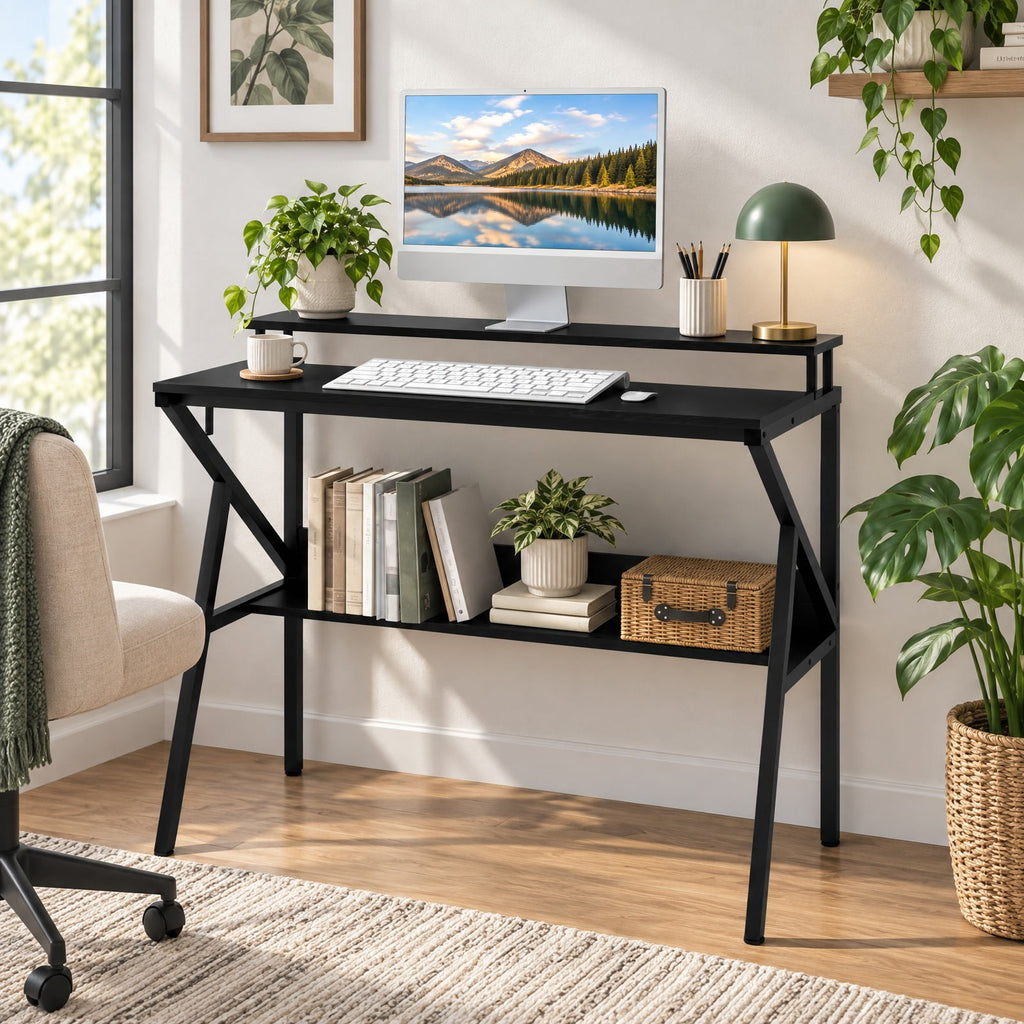 Airfind Space Saving Computer Desk with Monitor Stand and Extra Storage Shelf for Work Study, 200 lbs Capacity, Engineered Wood Metal Frame, Black