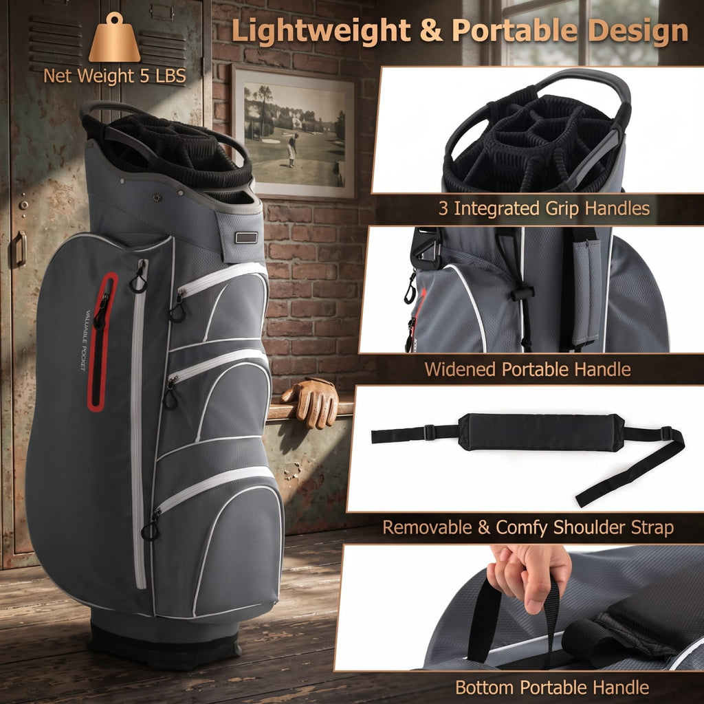 Airfind 9.5 Inch Lightweight Golf Cart Bag with 15 Way Top Dividers and 7 Zippegary Pockets and Cooler Bag and Rain Hood, Gray