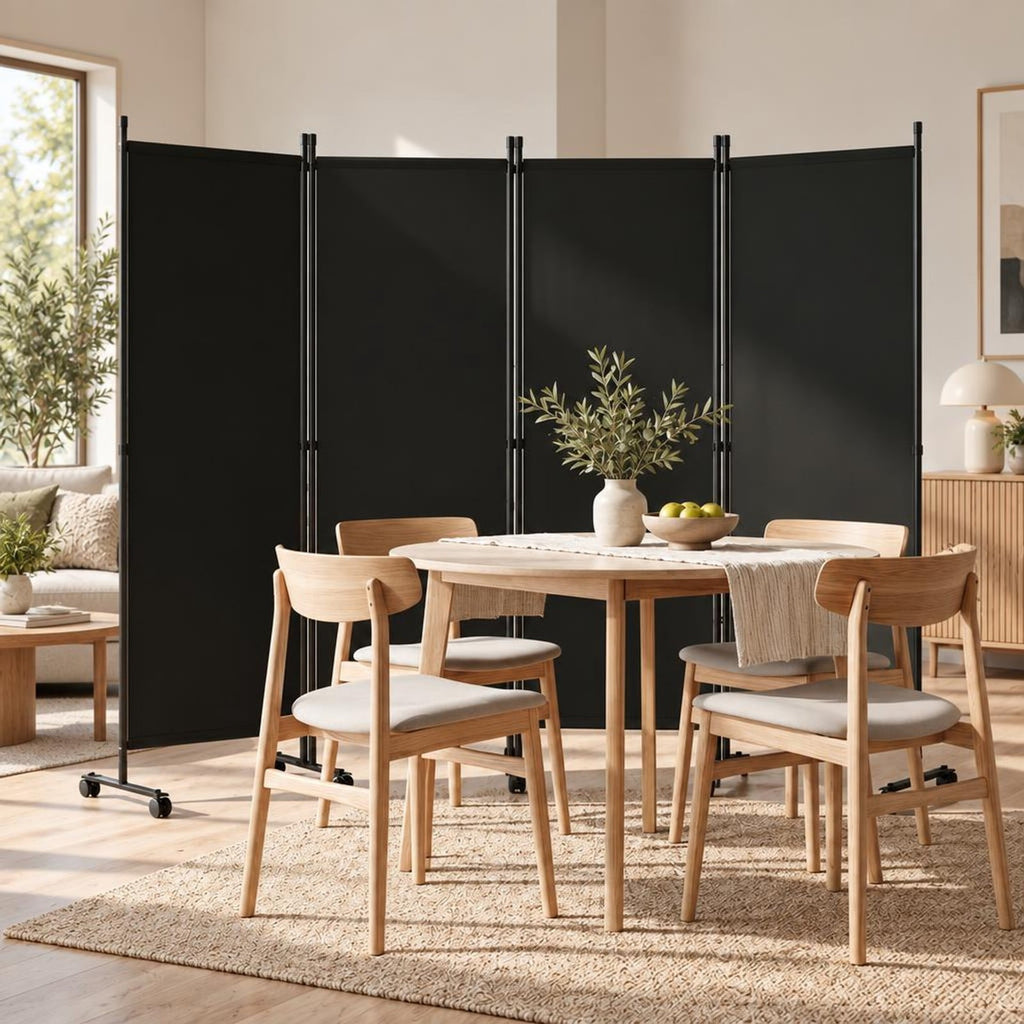 Airfind 4-Panel Room Divider with Lockable Wheels for Living Room, Polyester Fabric Metal Frame, 87in x 14in x 68in Footprint, Black