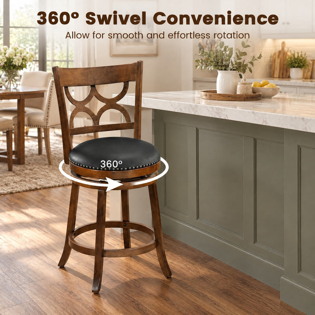 Airfind Swivel Bar Stools Set of 2 with High Backrest and Wood Frame-24 Inches, 330 lbs Capacity, Rubber Wood PVC Leather Sponge Frame, Expresso