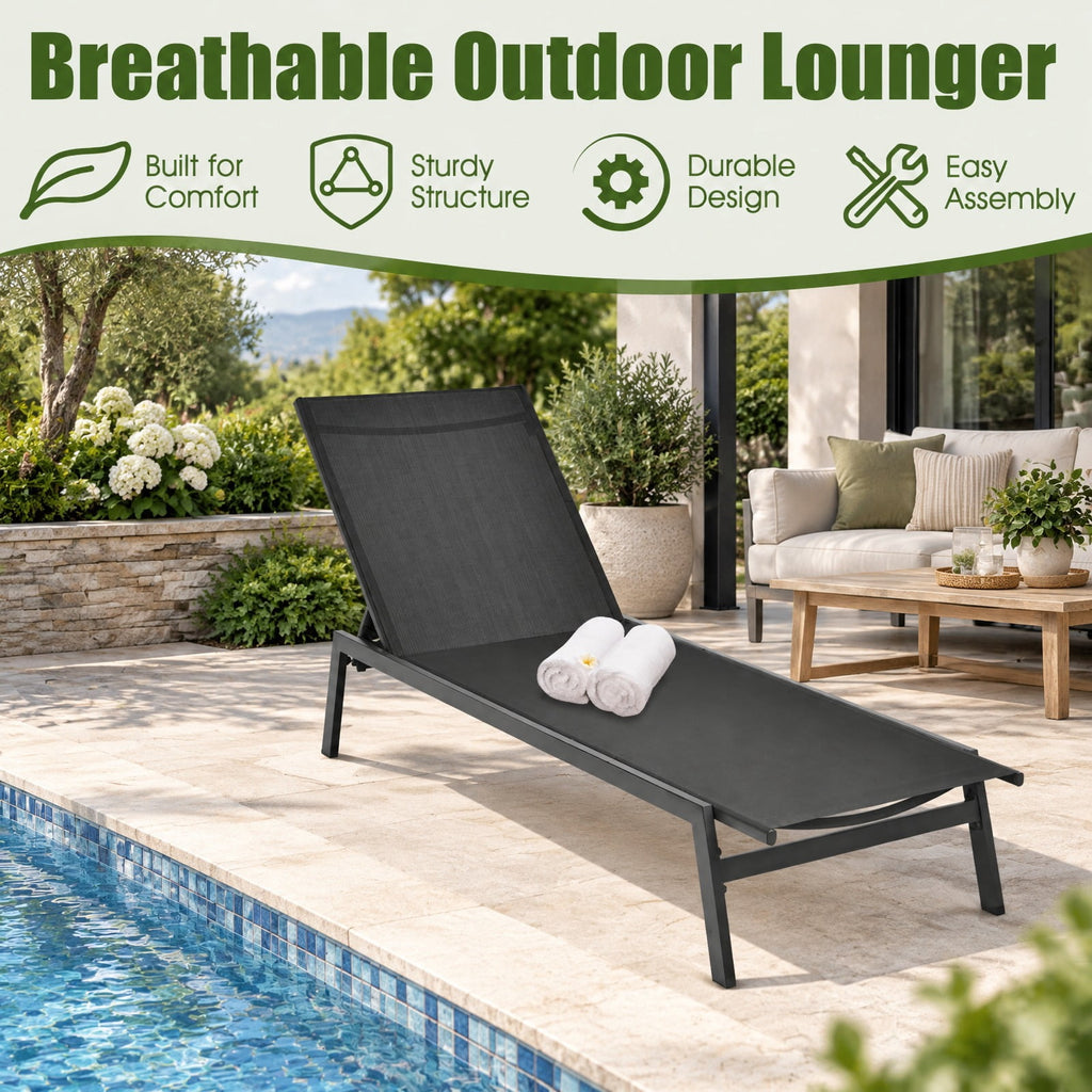 Airfind Outdoor Reclining Chaise Lounge Chair with 6-Position Adjustable Back, 330 lbs Capacity, Steel fabric Frame, Black