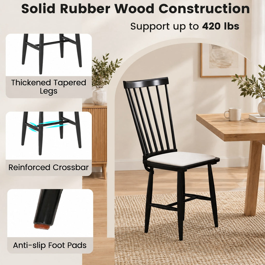 Airfind Dining Chairs Set of 2 Farmhouse Solid Rubber Wood Windsor Chairs with Removable Seat Cushions, 420 lbs Capacity, Black