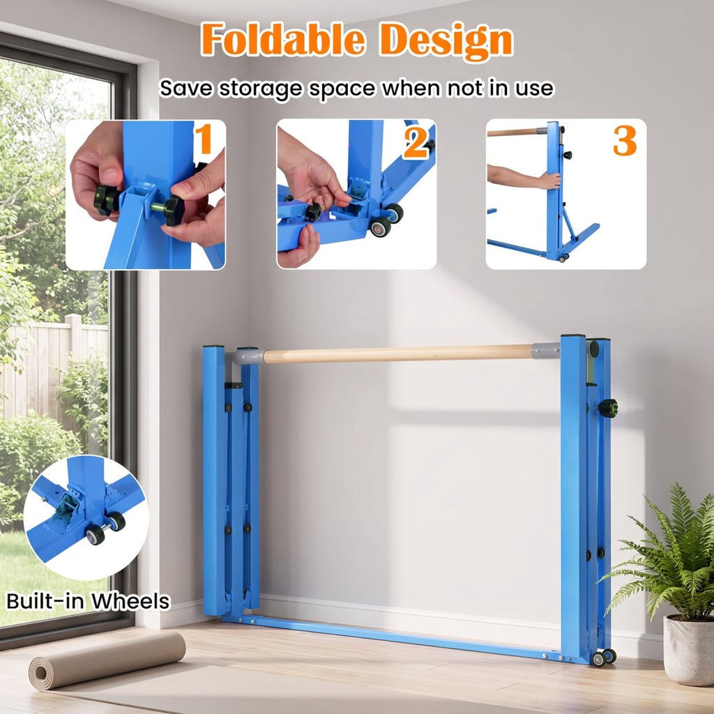 Airfind Foldable Gymnastics Bar for Kids with 3 Level Adjustable Height and Bamboo Grip Bar for Home Balance and Coordination Training, Blue