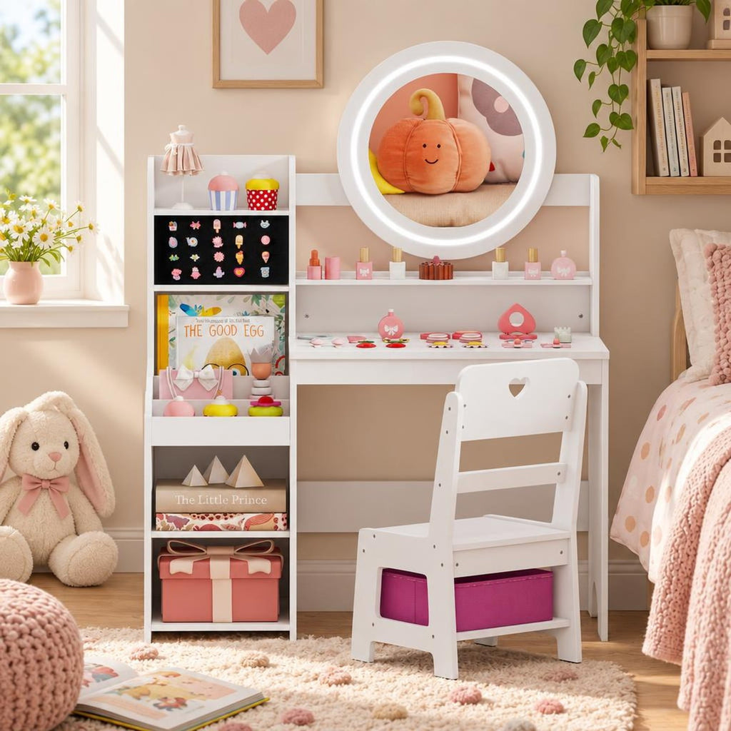 Airfind Kids Vanity Desk with Mirror and Lights Princess Pretend Play Dressing Table and Chair Set, 66 lbs Capacity, MDF Frame, for 3+ years old
