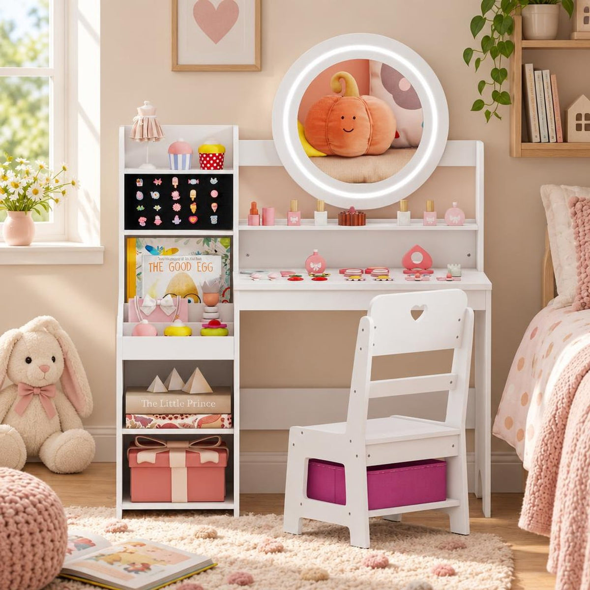Airfind Kids Vanity Desk with Mirror and Lights Princess Pretend Play Dressing Table and Chair Set, 66 lbs Capacity, MDF Frame, for 3+ years old