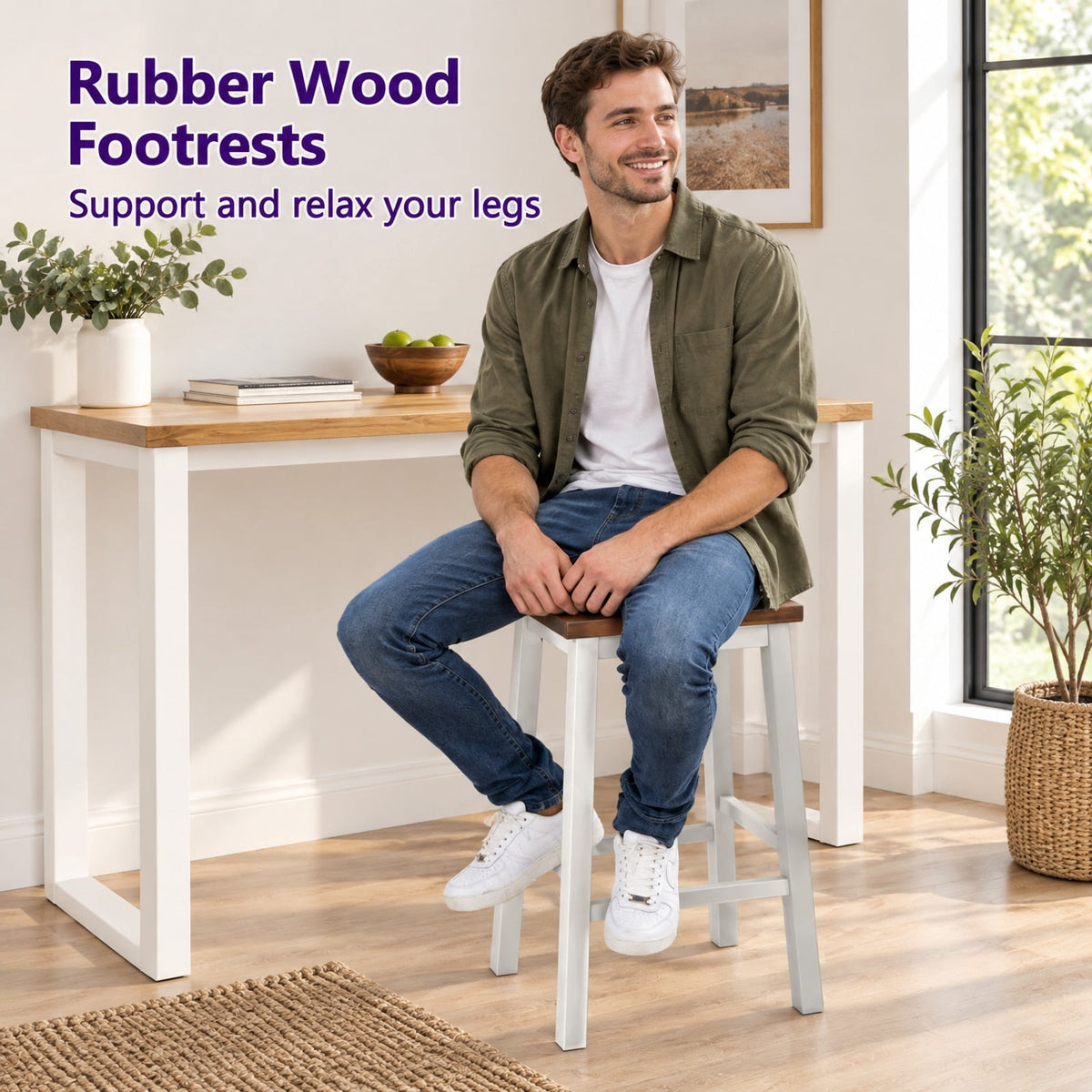 Airfind 24.5-Inch Set of 4 Saddle Stools Bar Stools with Footrests for Kitchen Island-Walnut and Gray, 350 lbs Capacity, Rubber Wood Acacia Wood Frame