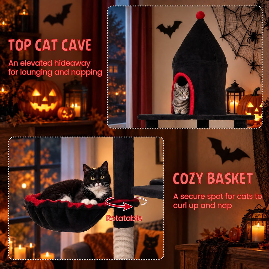 Airfind 63 Inch Gothic Cat Tree with Condo and Top Cave for Large Cats 20+ LBS, 22 lbs Capacity, Black