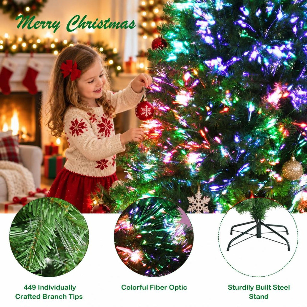 Airfind Pre-lit Multi-Colored Fiber Optic Spruce Artificial Christmas Tree-5 ft, PVC Metal Fiber Optic Height: 5/7 Ft Width: 2.5/3 Ft Frame