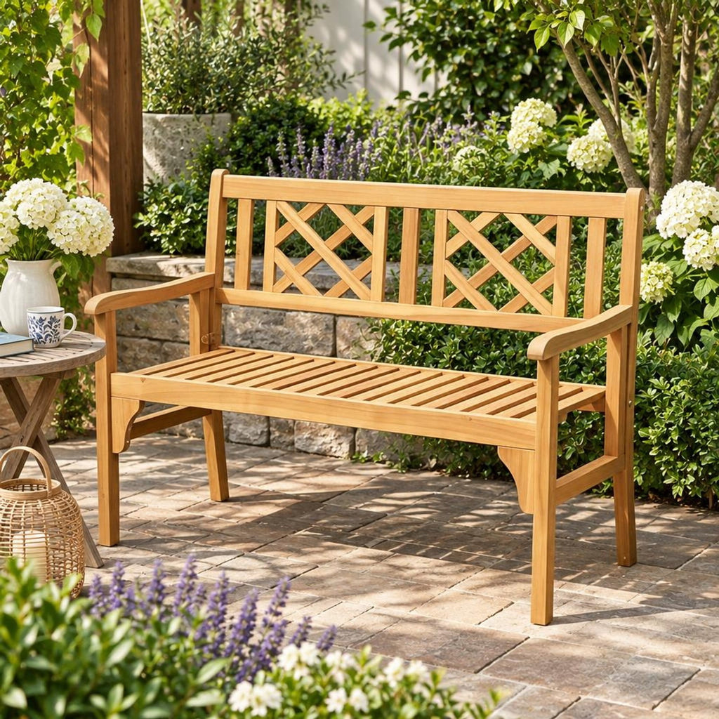 Airfind Patio Foldable Bench with Curved Backrest and Armrest, 705 lbs Capacity, Acacia wood Frame, Teak
