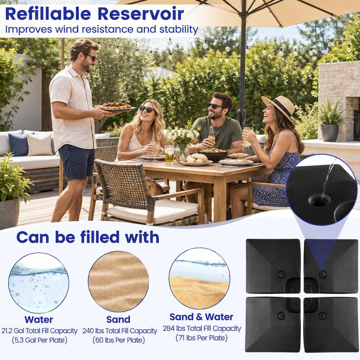 Airfind 4-Piece 20L Cantilever Offset Patio Umbrella Base, Providing 200 lbs large water filling capacity, Each plates can be stacked up to save space