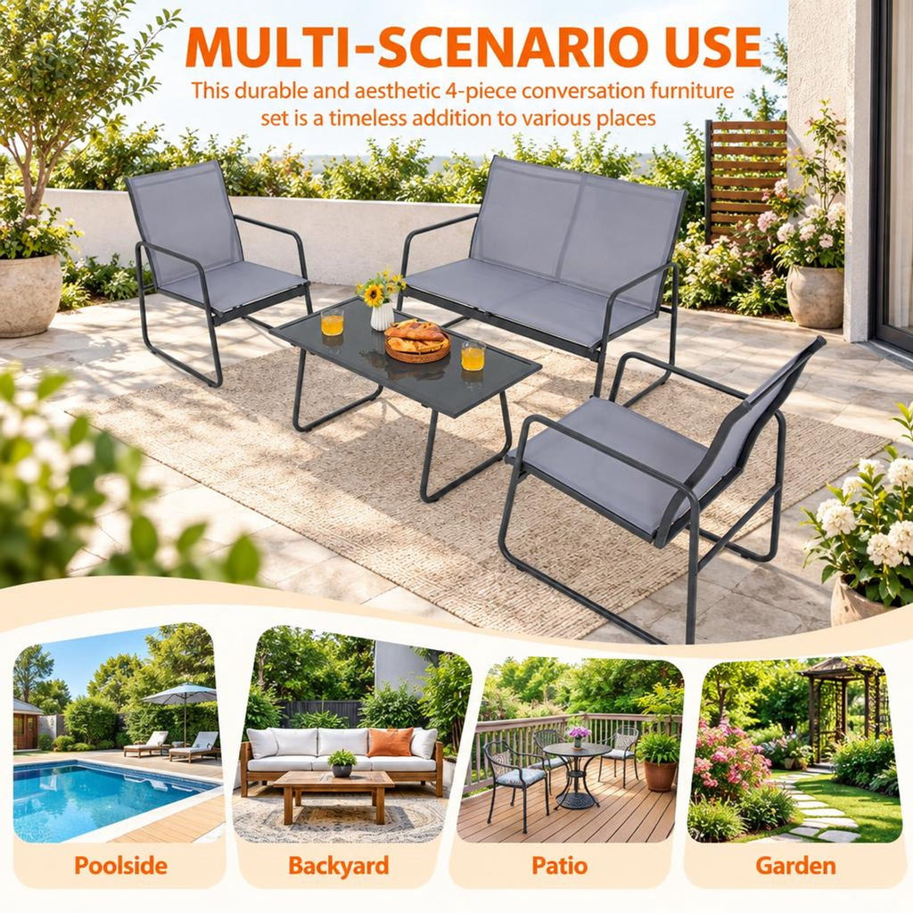 Airfind 4 Pieces of Metal Patio Furniture Chat Set with Tempered Glass Coffee Table, 660 lbs Capacity, Steel fabric Frame, 38 x 19 x 17 Footprint