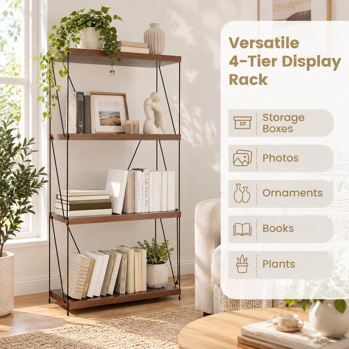 Airfind 4-Tier Multipurpose Display Rack with Metal Frame, Industrial Bookshelf with Anti-Tipping Kit, MDF Shelves, 24 x 11.5 x 41.5, Walnut