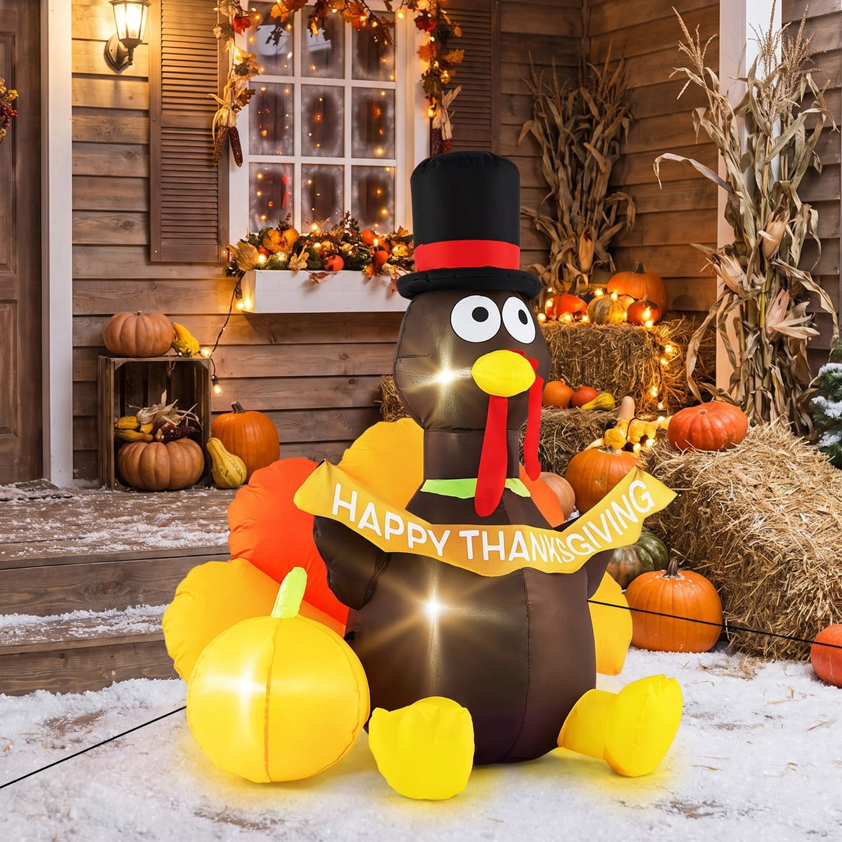 Airfind 5 FT Inflatable Turkey with Pumpkin and LED Lights for Indoor Party, 190T Polyester Fabric, 4.6 x 3.6 x 5 ft Length of