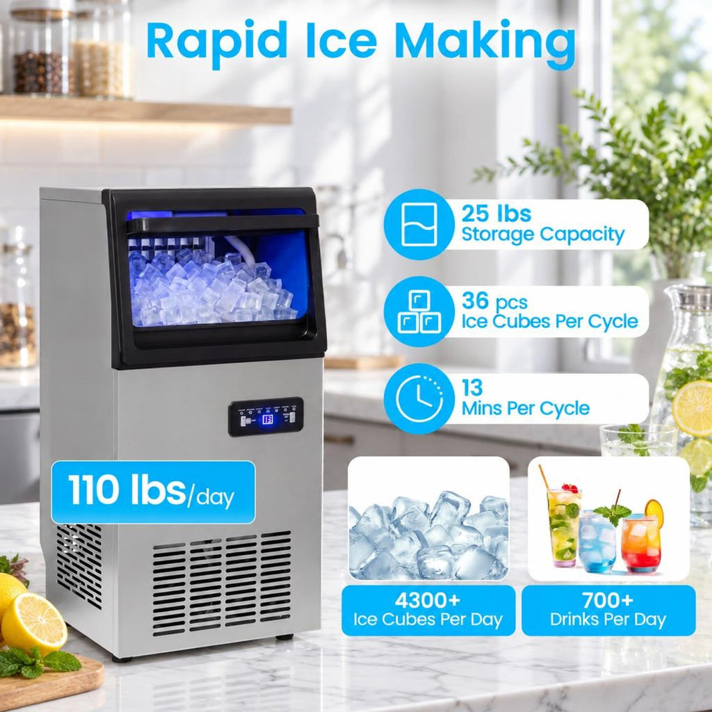 Airfind Stainless Steel Commercial Ice Maker 110 Lbs/24h, Stainless Steel Galvanized Steel Acrylic PP for Convenient Everyday Use, Silver