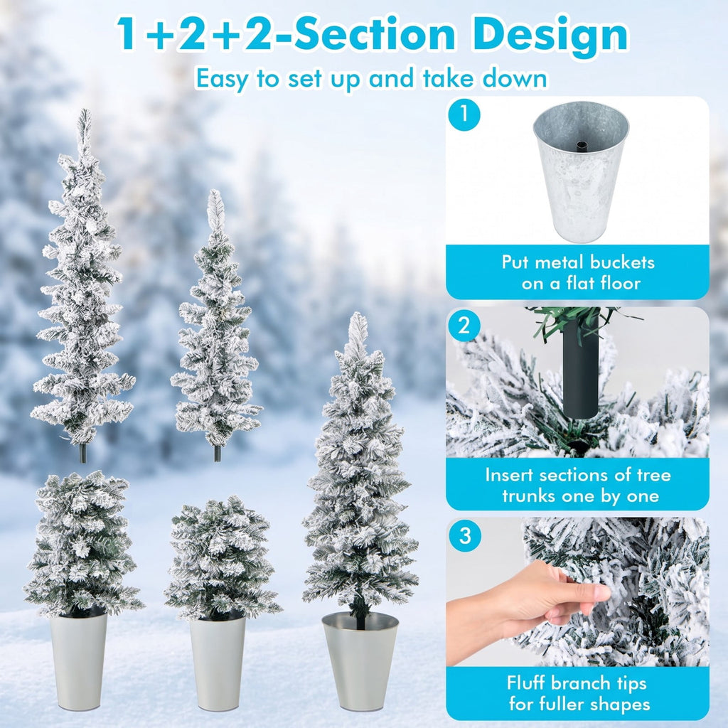 Airfind Set of 3 Potted Artificial Christmas Tree Snow, PVC Metal Flocking Tree Height 3/4/5 ft Tree Width 1 ft Frame, Green+Silver