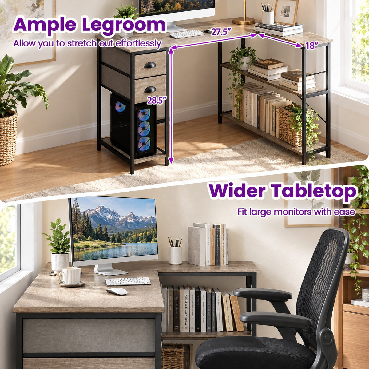 Airfind L Shaped Desk with Charging Station Corner Computer Desk with 2 Fabric Drawers, 110 lbs Capacity, Engineered Wood Metal Fabric Frame