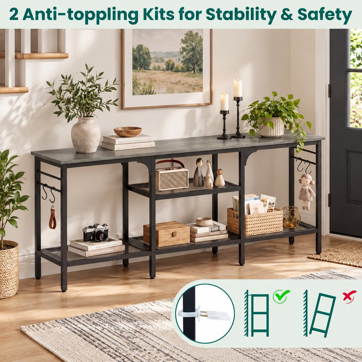 Airfind TV Stand, for TVs up to 65 Inch with 3-Tier Open Shelves and 4 Hooks, 685 lbs Capacity, Engineered Wood Metal Frame, Oak
