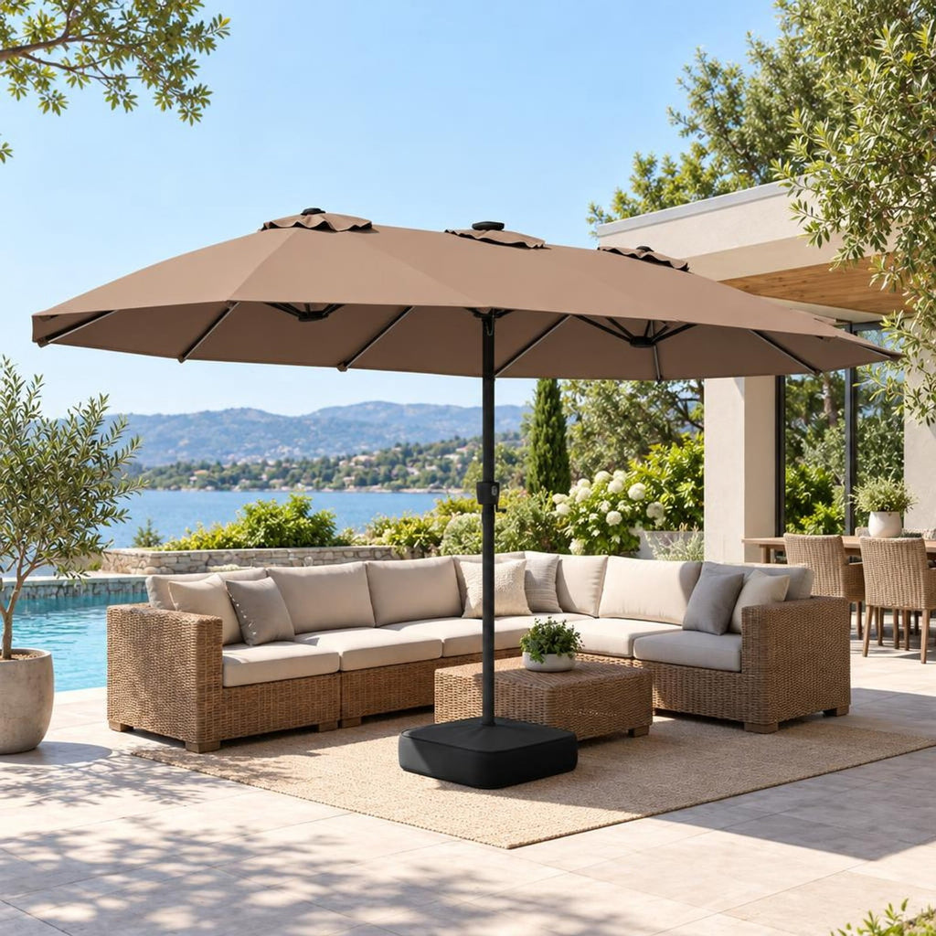 Airfind 15.5FT Extra-Large Patio Umbrella with Base 12 Reinforced Ribs, 180G Polyester Fabric Metal External Frame, Brown