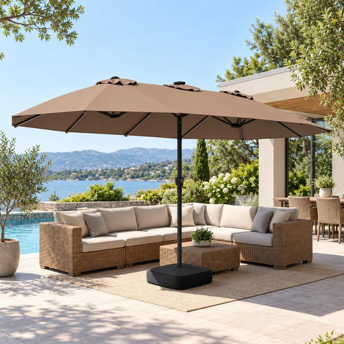 Airfind 15.5FT Extra-Large Patio Umbrella with Base 12 Reinforced Ribs, 180G Polyester Fabric Metal External Frame, Brown