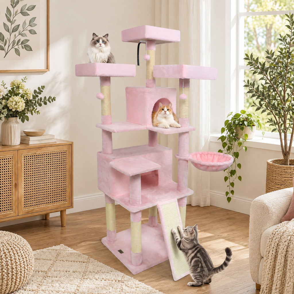 Airfind 65 Inch Tall Multi-level Cat Tree with 3 Upholstered Perch and 2 Cat Condos, Fabric Sisal Engineered Wood Overall Height 65 Inch Base Frame