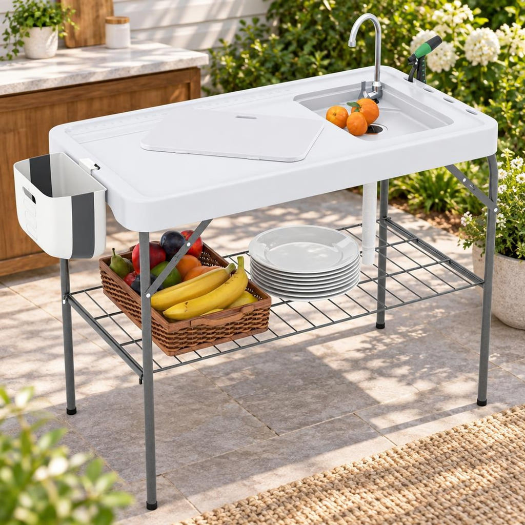 Airfind 2 in 1 Folding Fish Cleaning Table with Sink and Faucet for Patio BBQ, 330 lbs Capacity, HDPE Metal Stainless Steel Frame, White+Black