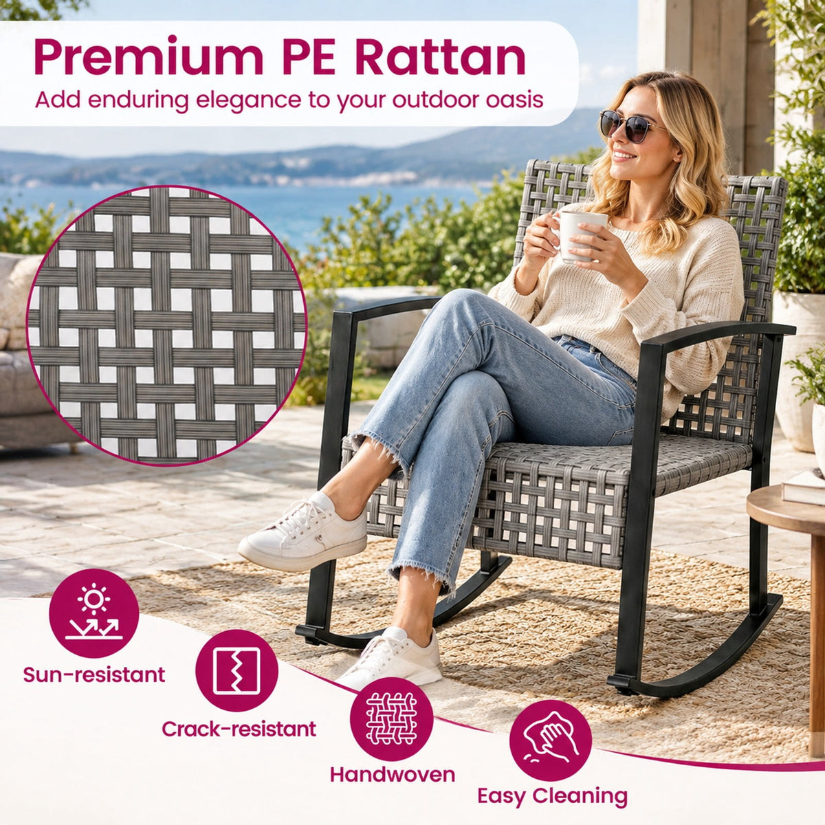 Airfind 3-Piece Outdoor Rocking Chair Set for Garden, 100 lbs Capacity, 28.5 x 22.5 x 31 Footprint, Gray
