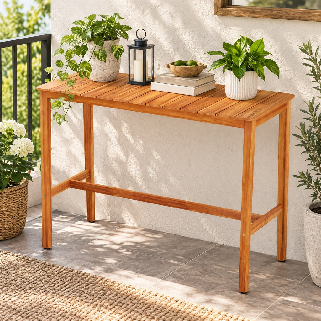 AIRFIND Counter Height Patio Table with Acacia Wood Slatted Top and Footrest Crossbar, Outdoor Bar Table with Reinforced Supports, Natural
